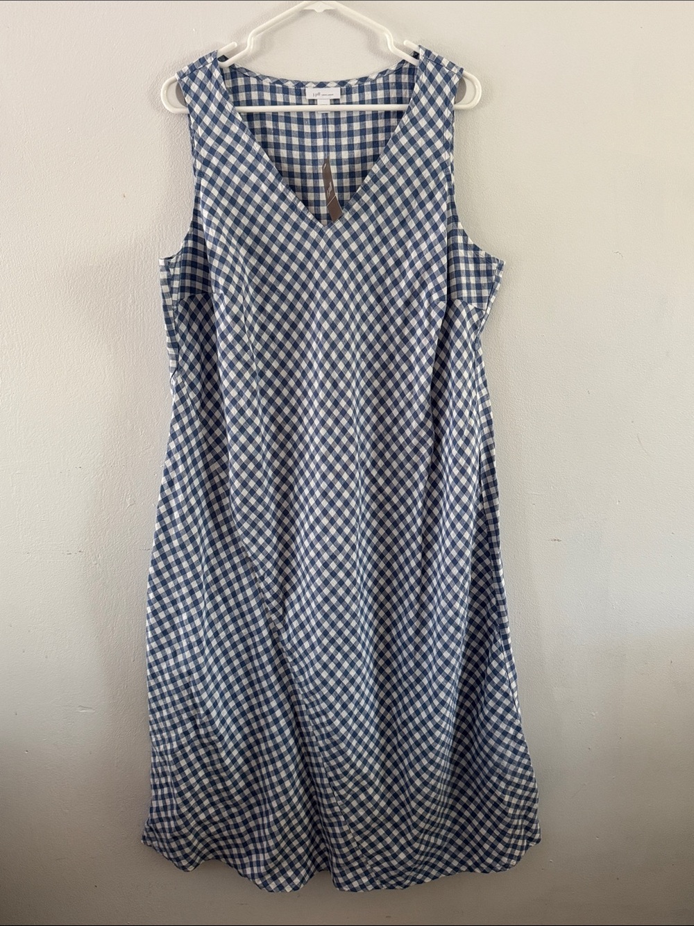 NWT J. Jill Blue and White Linen Gingham Sleeveless V-Neck Dress Sz XL